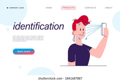 Landing page design with face identification and id recognition concept. Mobile app, webpage interface. Cartoon style. Vector flat illustration.