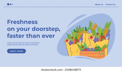 Landing page design featuring grocery bags with fresh food, vegetables, fruits, bread. Minimal flat style. Concept of online shopping, delivery service, fresh groceries. Flat vector illustration.