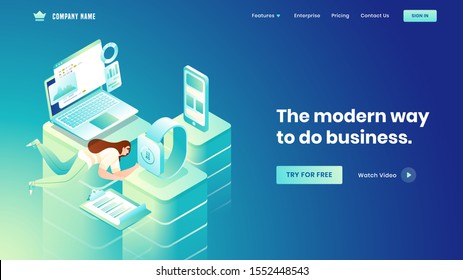 Landing page design with female fast working on different platforms with smart devices such as infographics laptop, smartphone and wrist watch for Business concept.