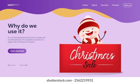 Landing page design with funny snowman in hat and scarf. Christmas Sale red banner with laughing snowman. Vector illustration can be used for sales, online shops, special offer