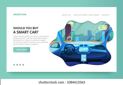 Landing page design with futuristic car interior illustration, interface car elements flat vector illustration. Clean site design with slider.