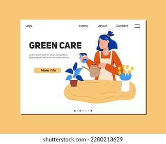 Landing page design with gardering concept. Girl watering flowers vector stock illustration. Web page template.
