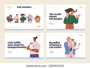 Landing page design with happy pet owners playing and cuddling with their cats. Domestic animal shelter, modern veterinary clinic and petting zoo services. Feline adoption concept. Vector illustration