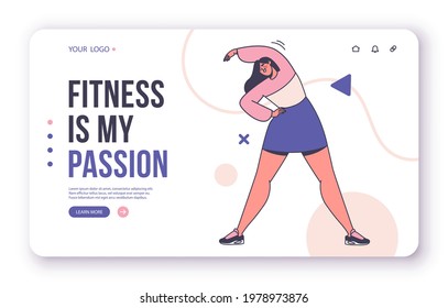 Landing page design. Healthy lifestyle concept, sports and exercise. Vector illustration with female character. Girl in sportswear makes bends. Morning exercises, online training, gymnastics.