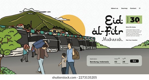 Landing page design idea illustration for travel tourism company with indonesian culture on eid al-fitr