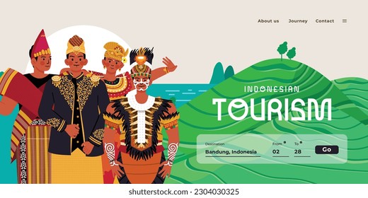 Landing page design idea illustration for travel tourism company with indonesian culture wedding dress