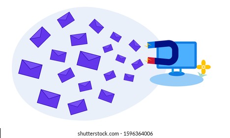 Landing Page Design For Illustration Of Email Marketing. Monitors And Magnets Attract Lots Of Emails. Business People Background.