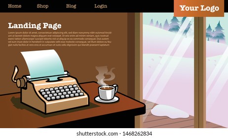 landing page design with illustration with typing machine in the house