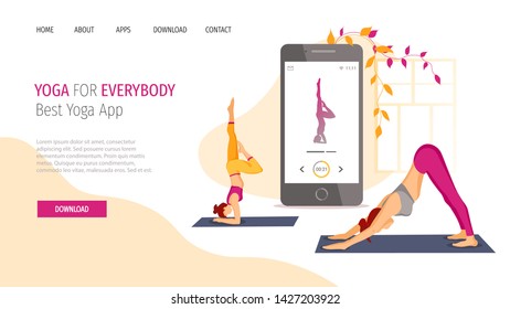 Landing page design for Mobile apps, Yoga, healthy lifestyle. Smartphone with yoga application on the screen and women performing yoga poses. Vector illustration for poster, presentation, banner.
