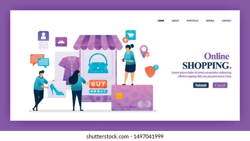 Landing page design of Mobile Shopping with flat Illustration cartoon character. Business data visualization of layout diagram, banner, web design,  web page, website, homepage, mobile apps, UI.