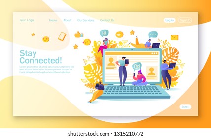 Landing page design on social media network theme. Man and woman characters communication and chatting in social network. Networking concept for website or web page. Flat design vector illustration.
