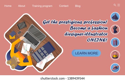 Landing page design. Online education. Online shcool. Training profession fashion designer-illustrator online. Flat vector