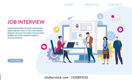 Landing Page Design. Online Hiring Recruiting Job Agency Service. Woman HR Manager Interviewing Male Work Seeker. People Queue. Vacancy Position. Human Resources. Find Experience. Vector Illustration