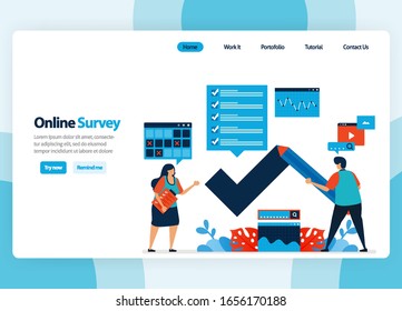 Landing page design for online survey and exam, filling out surveys with internet and validation software. Flat illustration for document, template, ui ux, web, website, mobile app, banner, flyer