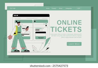 Landing page design for Online Ticket concept illustration. A man is standing in front of a computer screen with a ticket on it.