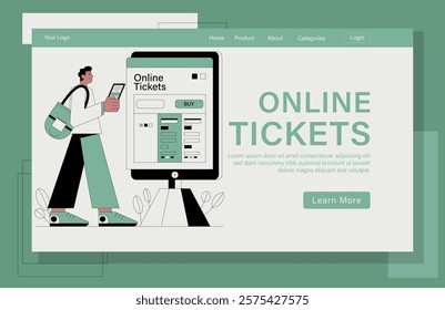 Landing page design for Online Ticket concept illustration. A man is standing in front of a computer screen with a ticket on it.