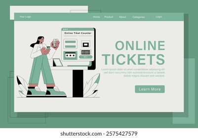 Landing page design for Online Ticket concept illustration. A women is standing in front of a computer screen with a ticket on it.