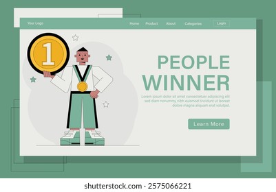 Landing page design for People Winner concept illustration. A man holding a gold medal with the number 1 on it.