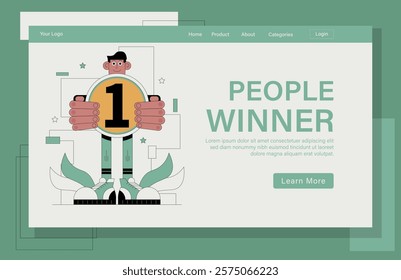 Landing page design for People Winner concept illustration. A man holding a gold medal with the number 1 on it.