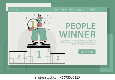 Landing page design for People Winner concept illustration. A man holding a gold medal with the number 1 on it.