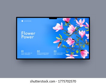 Landing Page Design with Pink Cherry Flowers on Blue Background. Website Template for Florist Shop or Spa Procedure, Nature, Organic Natural Blossoms or Bouquets Delivery Service. Vector Illustration