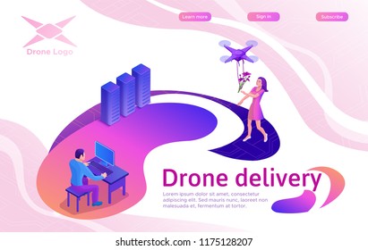 Landing page design with quadcopter, drone delivering parcel to people, concept of delivery, photo and video shooting, 3d isometric infographic flat vector illustration