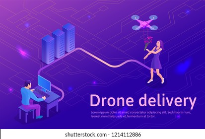 Landing page design with quadcopter, drone delivering parcel to people, concept of delivery, photo and video shooting, 3d isometric infographic flat vector illustration