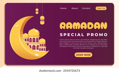 A landing page design for ramadan with purple background	
