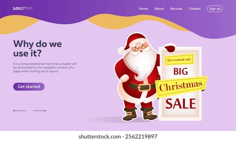 Landing page design with Santa Claus. Big Christmas Sale poster  and Santa in costume. Vector illustration can be used for sales, online shops, special offer