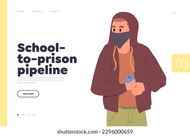 Landing page design with school-to-prison pipeline concept and young teenager bandit character