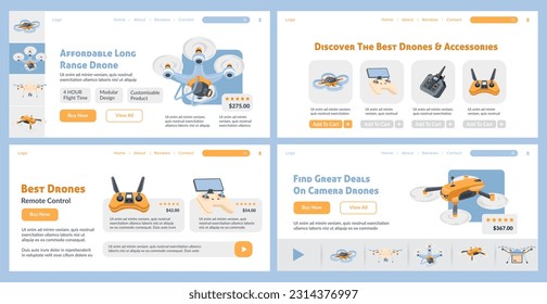 Landing page design set for drone online sale. Modern equipment store offer at web banner collection, vector illustration. Flat device with remote control at website, online purchase concept