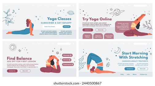 Landing page design set with yoga class promo. Flat woman character training at web banner collection, vector illustration. Website page with line meditation decoration elements
