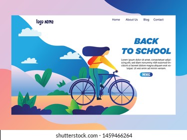Landing Page Design  with Simple Illustration of Girls Ride Bicycles Go to School 