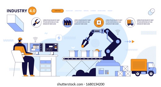 Diseño de página de inicio de Smart Industry 4.0 Concepto para web, página de inicio, aplicaciones móviles, medios sociales. Automatización en fábricas inteligentes, cajas de carga de brazo robótico. Gente y robots juntos. Ilustración del vector	