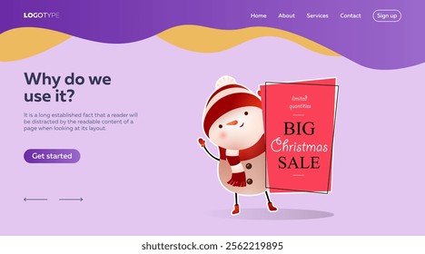 Landing page design with snowman. Cartoon character of snowman in hat and scarf near Big Christmas Sale poster. Can be used for sales, special offer, online shops