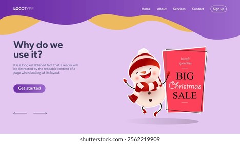 Landing page design with snowman dancing near Big Christmas Sale poster. Cartoon character of snowman in hat and scarf. Illustration can be used for sales, online shops, special offer