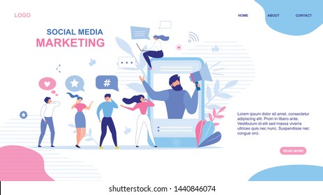 Landing Page Design. Social Media Marketing Advertisement. Man on Mobile Screen Announcing in Megaphone Special Offer. Active People Network Users Group. SMM Strategy. Vector Flat Illustration