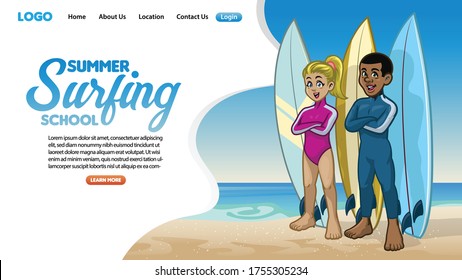 landing page design of surfing school with surfer posing with the surfboards