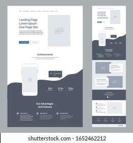 Landing page design template for business. One page website wireframe. Modern responsive design. Ux ui website: achievements, advantages, features, special benefits, testimonials, opportunities, info.