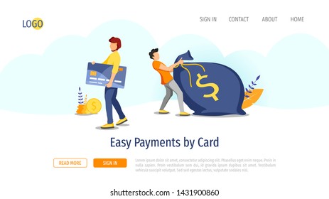 Landing page design template for Card Payments, Finances. People with Payment Card and money bag. Vector illustration for poster, presentation, banner, website.