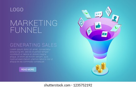 Landing page design, template with concept of marketing funnel, marketing strategies, earnings money, attraction new clients, vector illustration