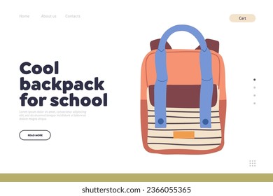 Landing page design template with cool backpack for school offer of online shop store assortment