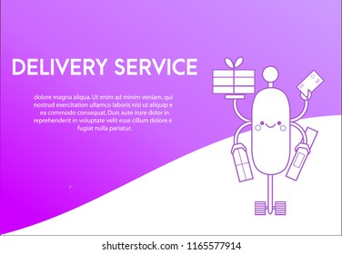 Landing page design template for delivery service. Cute robot, friendly android delivering post boxes and mail