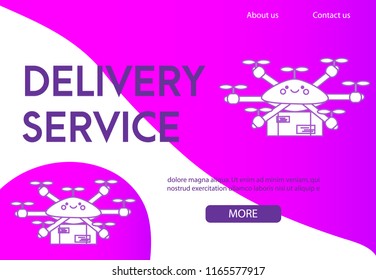 Landing page design template for delivery service. Flying drone delivering post boxes and mail