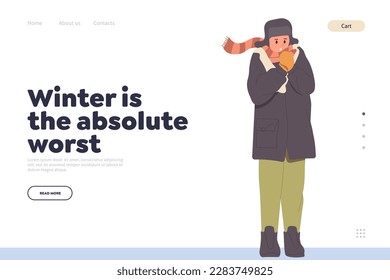 Landing page design template with freezing man character in warm outwear feeling bad and unwell