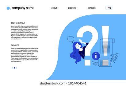 Landing page design template with frequently asked questions concept. Question sign, confused girl wondering what to do cartoon flat character. Vector line art illustration.