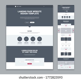 Landing page design template in grey and white color flat isolated vector illustration