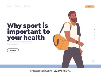 Landing page design template with importance of sport to health concept and happy sportive man