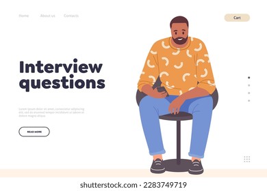 Plantilla de diseño de página de aterrizaje con concepto de pregunta de entrevista y hombre en silla usando teléfono móvil