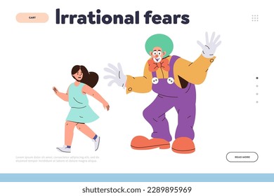 Landing page design template with irrational fears and little girl character scared by clown